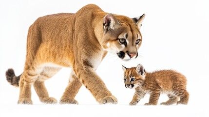 Serene Wildlife Beauty: Puma Mother and Cub in High-Contrast Cinematic Isolation on White Background