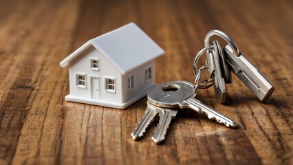 A model house next to a bunch of house keys on a modern wooden table, symbolizing the purchase of a new house, mortgage approval or real estate investment