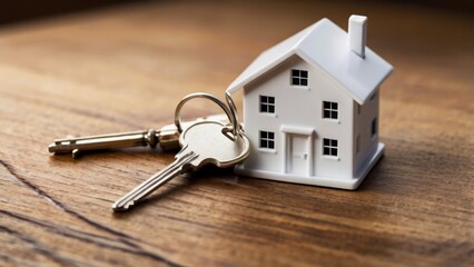 A model house next to a bunch of house keys on a modern wooden table, symbolizing the purchase of a new house, mortgage approval or real estate investment