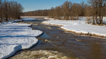 Pristine river flows through winter forest, showcasing the natural richness and ecosystem that needs preservation. Waterbody plays crucial role for surrounding environment and wildlife.