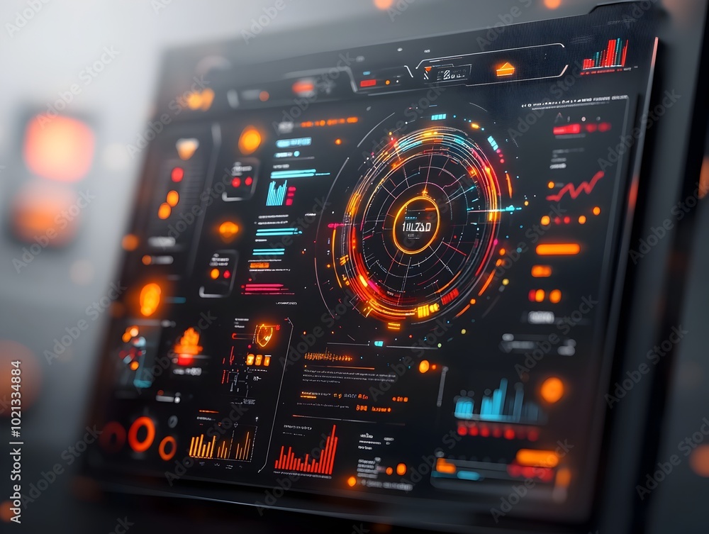 Poster futuristic game background featuring a holographic data visualization interface with intricate ui el