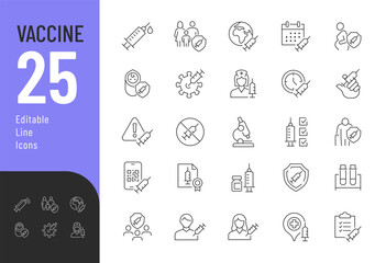 Vaccine Line Editable Icons set. Vector illustration in modern thin line style of health care related icons: vaccination, certificate, research, virus, and more. Pictograms and infographics for mobile