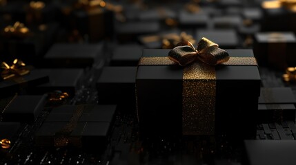 Black Friday. Cyber Monday. Black christmas boxes with golden ribbon on black background with copy space for text. With Generative AI technology