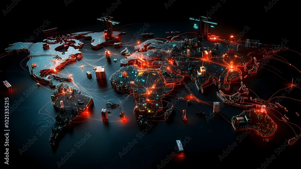 Poster futuristic ai enhanced global logistics system with vast digital world map displaying intricate cont