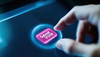 Hand pressing a digital button to submit a vote on a touchscreen device.