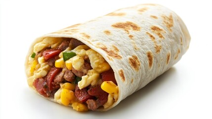 Realistic breakfast burrito with scrambled eggs sausage bell peppers and corn wrapped in a tortilla on a white background. Perfect for food advertising and packaging.. Generative AI