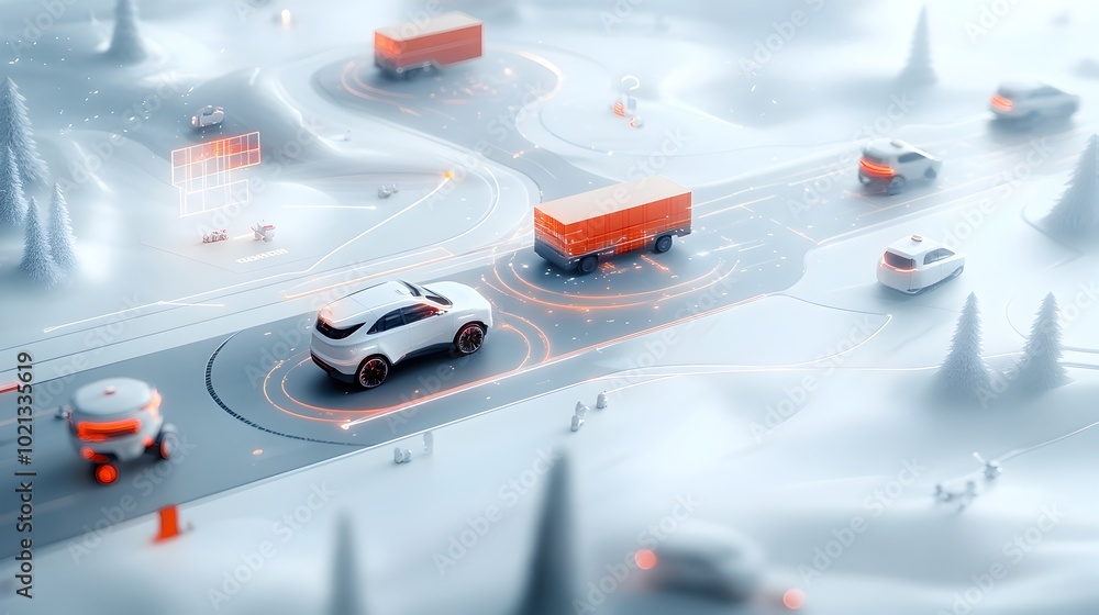 Poster futuristic global logistics and transportation network featuring streamlined export import robotics 