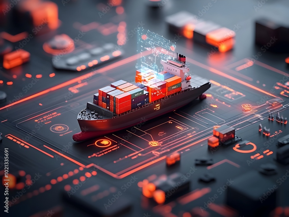 Poster Futuristic Global Shipping Command Center with Interconnected Supply Routes Container Ship Logistics Data Driven Decision Making and AI Powered Analytics  Dynamic 3D Projections