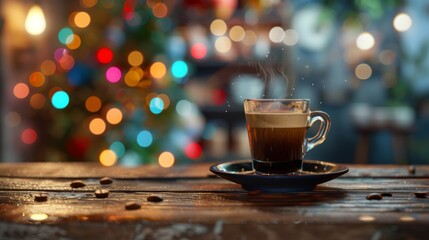 Obraz premium Warm Coffee Cup with Christmas Lights in the Background