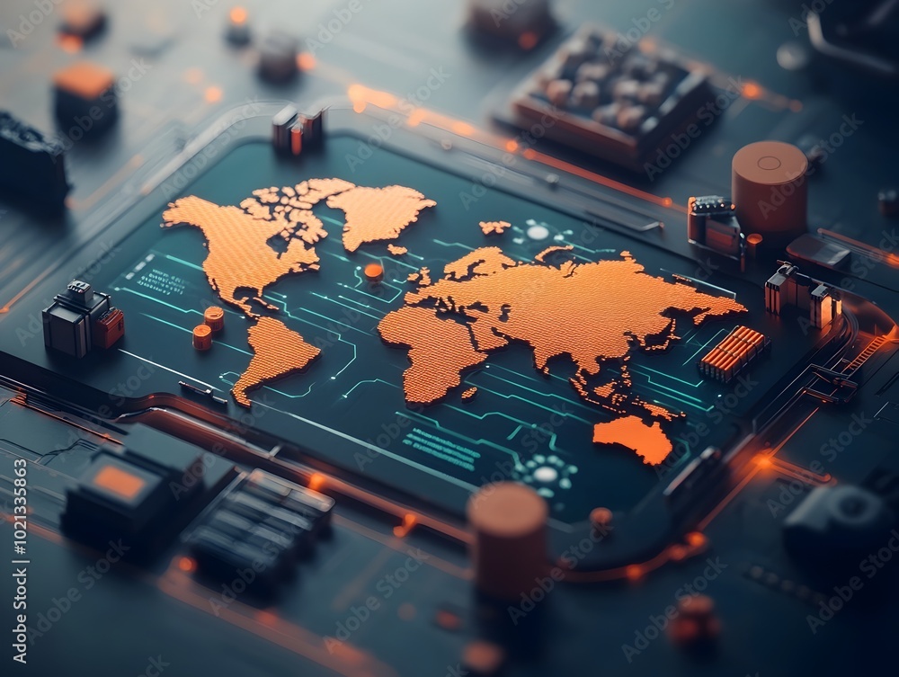 Poster futuristic ai powered global supply chain visualization displaying a dynamic holographic world map t