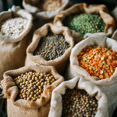 Fototapeta premium Assorted Organic Beans and Legumes in Burlap Sacks at Market