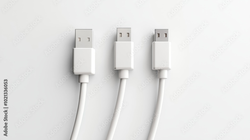 Fototapete three white usb charging cables aligned on a white background displaying modern minimalistic design 