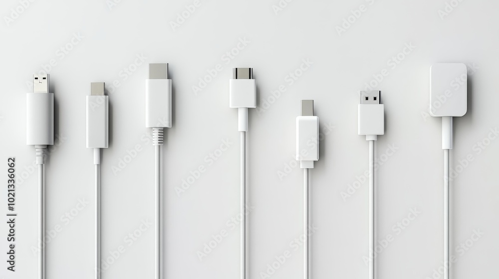 Fototapete set of charging cables with various connectors arranged in a neat row isolated on a white background