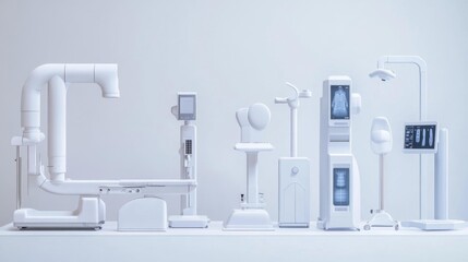 Fototapeta premium Advanced X-ray machines and medical diagnostic equipment arranged on a white background in a 3D realistic rendering.. Generative AI