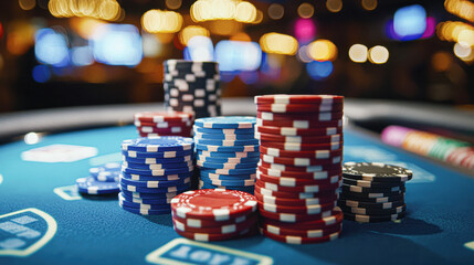 A pile of poker chips on a table