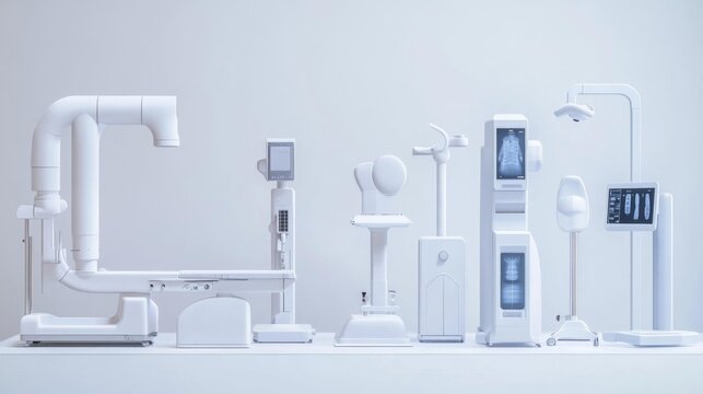 Advanced X-ray machines and medical diagnostic equipment arranged on a white background in a 3D realistic rendering.. Generative AI