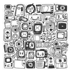 Doodle Illustration of Retro and Modern Electronics with Personified Features