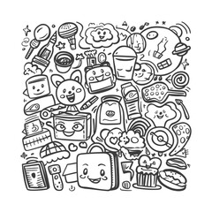 Doodle Illustration of Various Objects with Smiling Faces