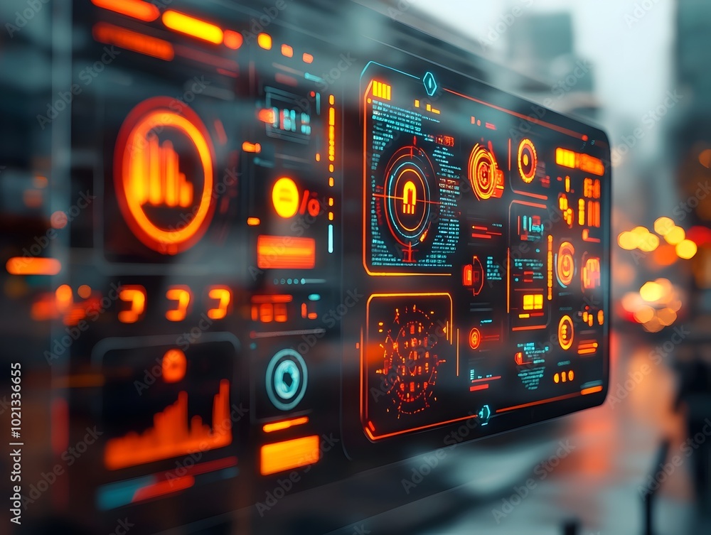 Poster seamless of advanced futuristic hud and gui components into a breathtaking neon drenched cityscape c