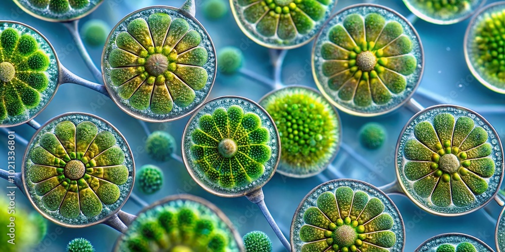 Poster detailed magnified view of desmid algae under microscope showing intricate cellular structures