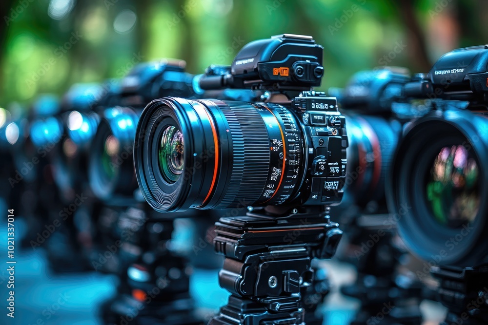 Aufkleber close-up of a professional camera with a lens and a bokeh background