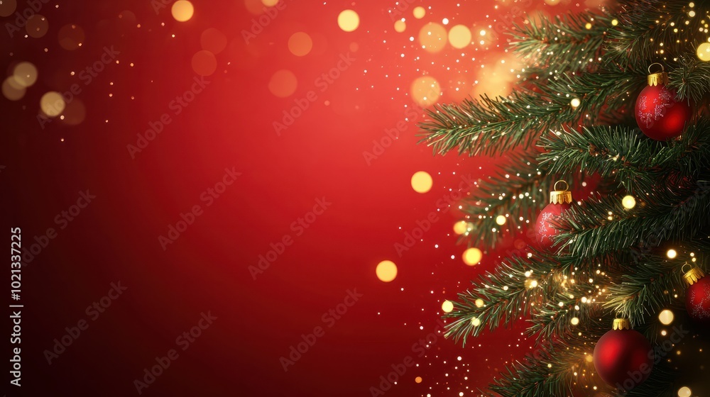Wall mural christmas background with xmas tree and sparkle bokeh lights on red canvas background. merry christm