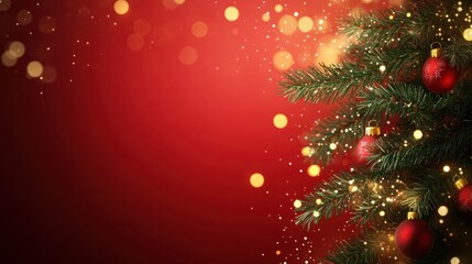 Christmas background with xmas tree and sparkle bokeh lights on red canvas background. Merry...