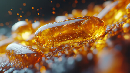 Close-up shot of translucent amber capsules with air bubbles, resembling fish oil supplements, scattered on a textured surface with glowing reflections.
