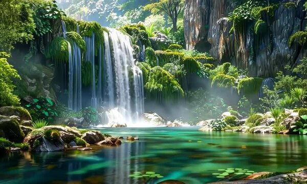 A waterfall is flowing into a river in a lush green forest Video