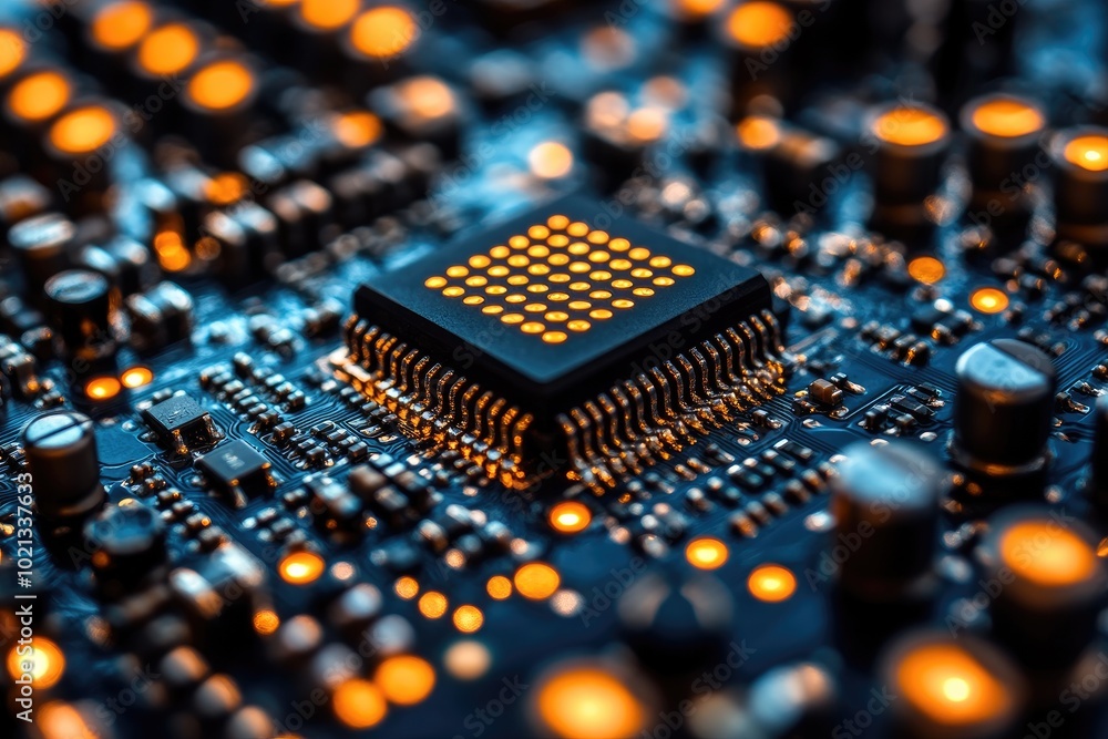 Poster close-up of a microchip on a circuit board