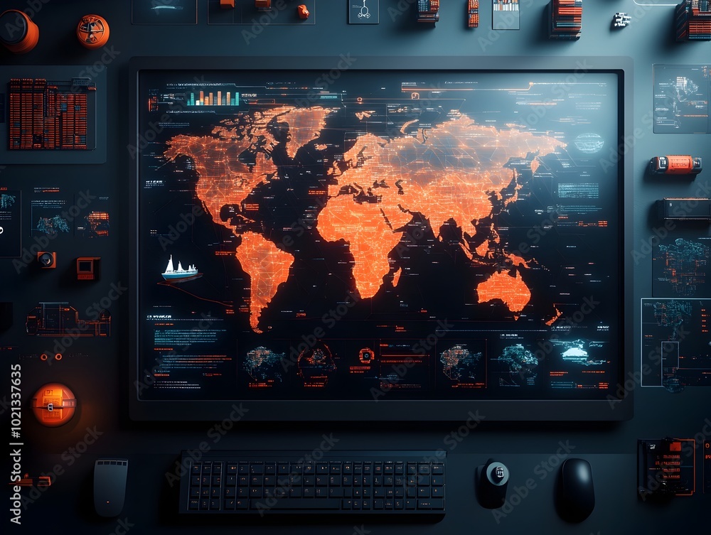 Poster futuristic ai powered logistics command center showcasing intricate global trade networks container 