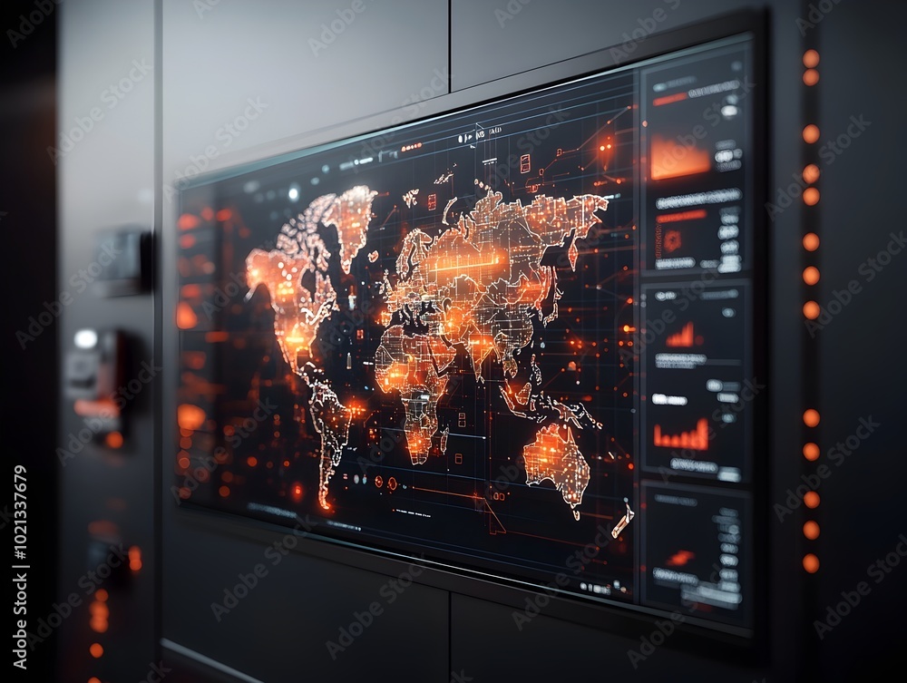 Poster futuristic ai powered logistics command center with a towering holographic projection of the world h