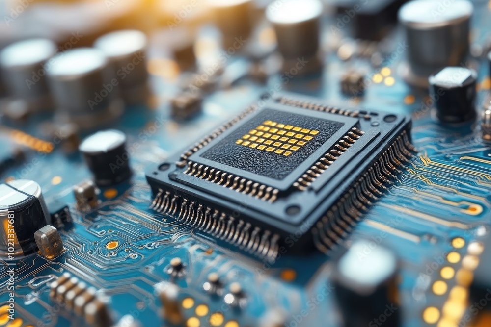 Poster close-up of a microchip on a circuit board