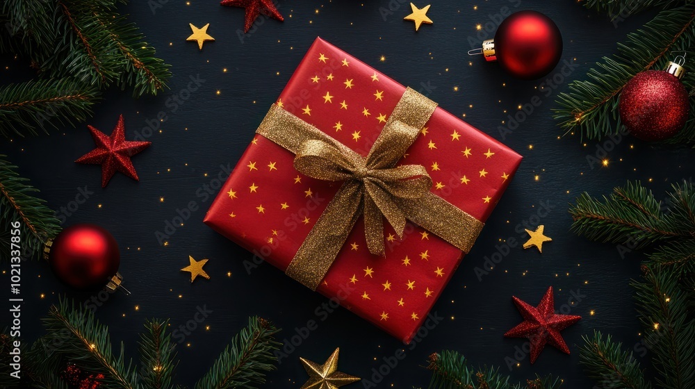 Poster christmas composition.gift box and star top view background with copy space for your text. flat lay.