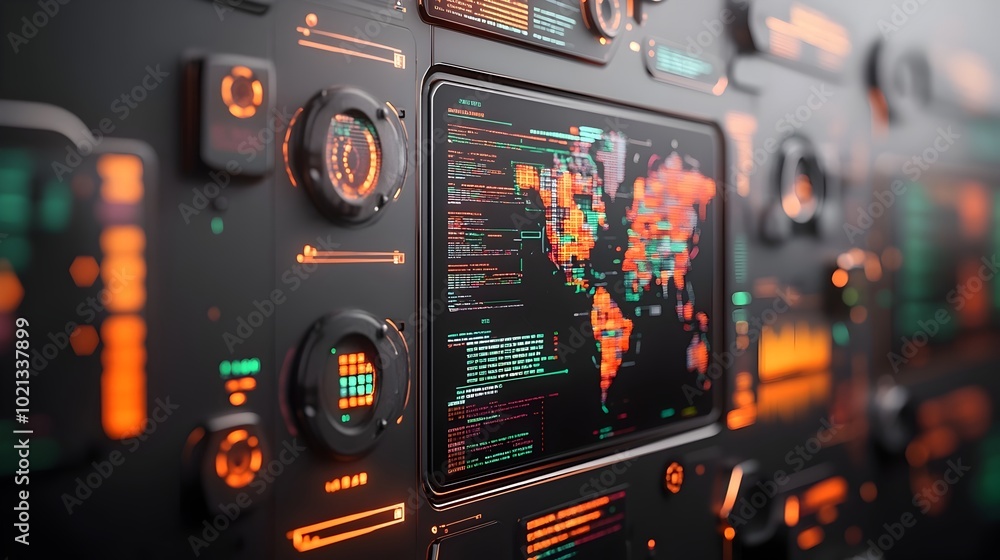 Aufkleber futuristic ai powered logistics control center with rows of holographic data displays and live satel