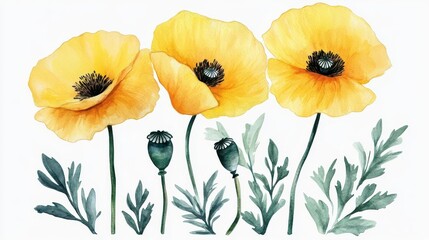 Fototapeta premium Yellow poppy flower watercolor with business branding concept