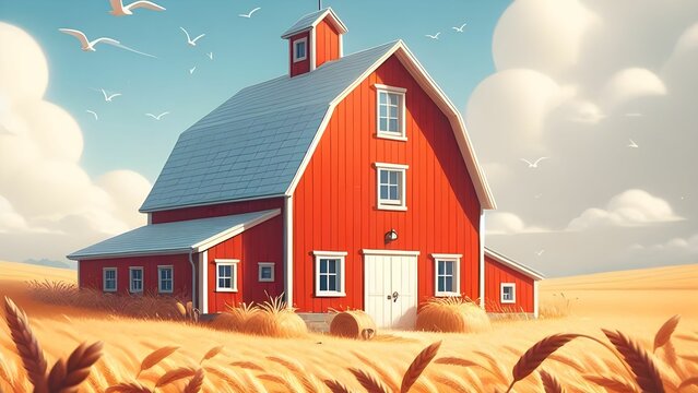red big barn with a white roof to storage around it field of wheat in the farm