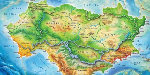 Naklejka premium Detailed Map of Romania Highlighting Geographic Features and Regional Boundaries in Vivid Colors