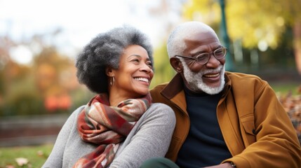 Fototapeta premium A joyful senior couple enjoys a sunny day outdoors, embodying love and companionship, with smiles that radiate happiness and warmth.