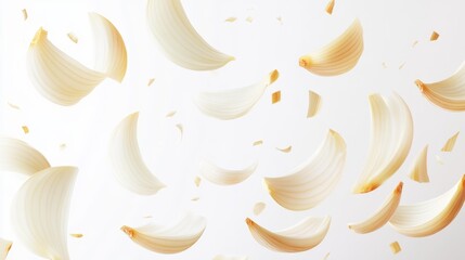 Falling onion slices on a white background in mid-air captured in motion with a light transparent and natural look creating a fresh and dynamic image.. Generative AI