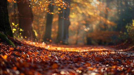 Autumn Pathway Surrounded by Golden Leaves and Soft Light in a Peaceful Forest Setting