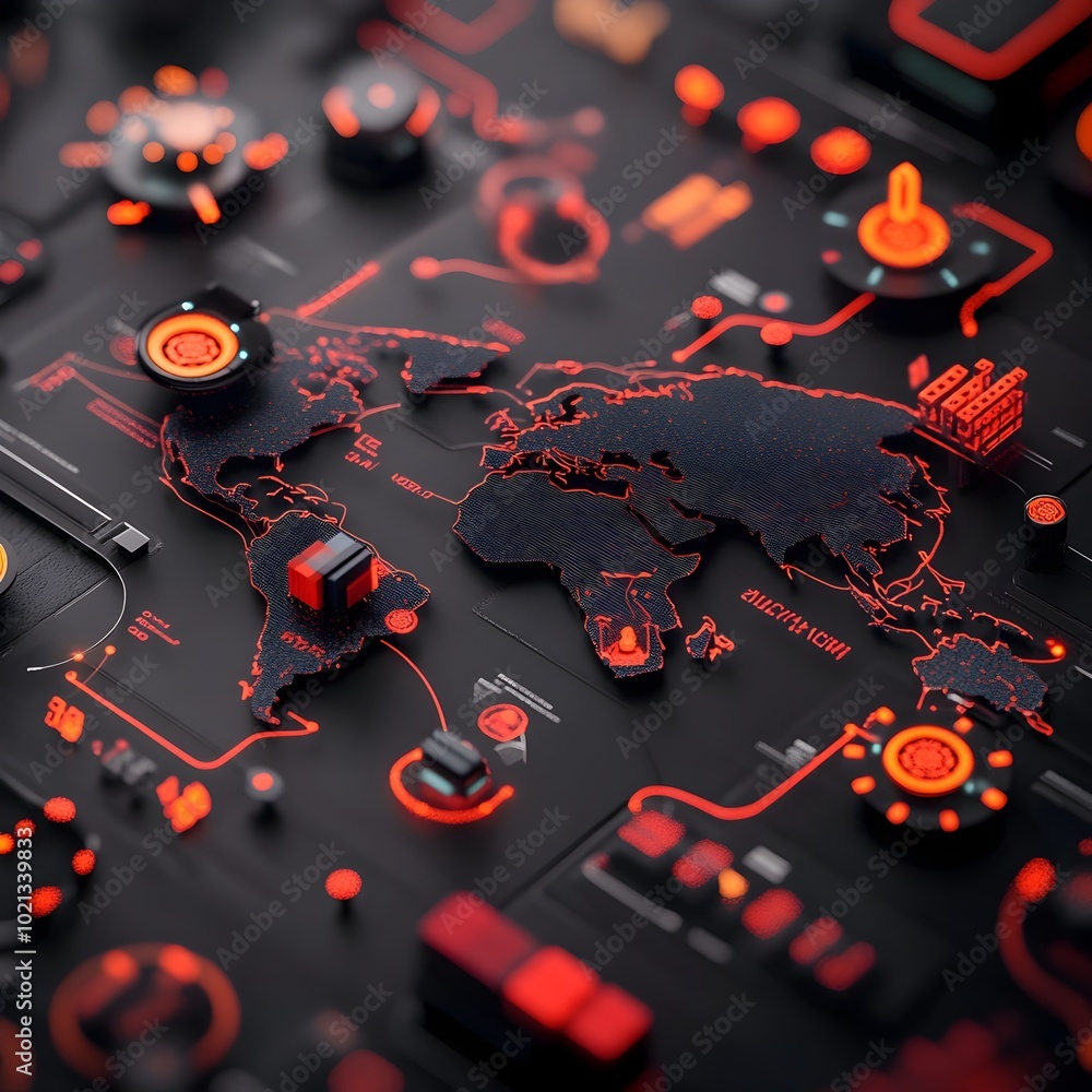Poster futuristic ai driven logistics system showcased through a dynamic world map charting interconnected 