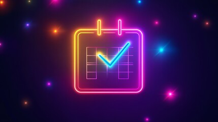 Neon calendar icon with a check mark, reminding you to mark important dates and events. Keep track of appointments, deadlines, and special occasions with this vibrant reminder. 