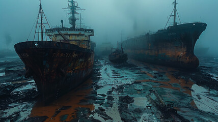 Fototapeta premium Derelict Ships on a Muddy Beach