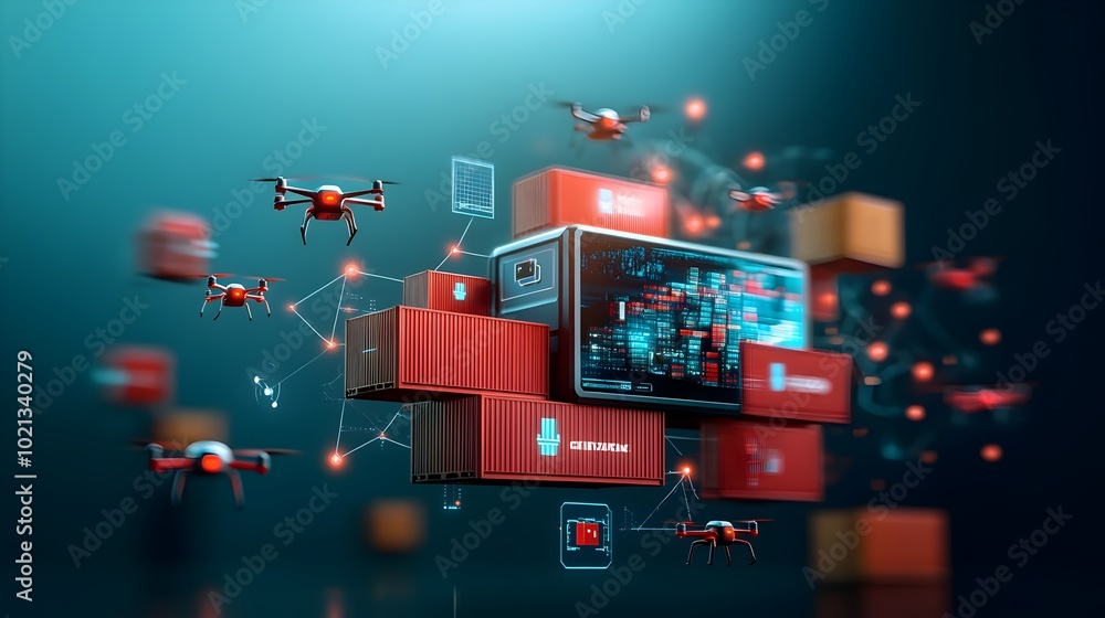 Poster futuristic holographic supply chain interface showcasing a global logistics network optimized with a