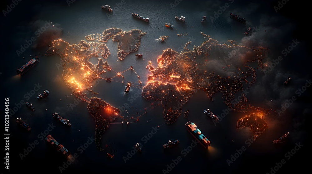 Poster futuristic and highly detailed digital art depicting an interconnected global logistics network with