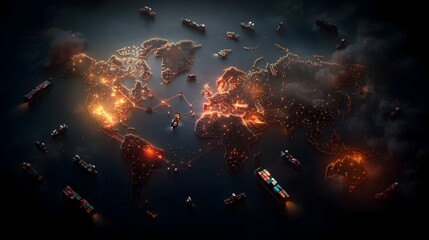 Futuristic and highly detailed digital art depicting an interconnected global logistics network with AI powered distribution centers container ships navigating busy shipping lanes