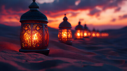 Ornate Lanterns in Desert Sunset 3D Illustration