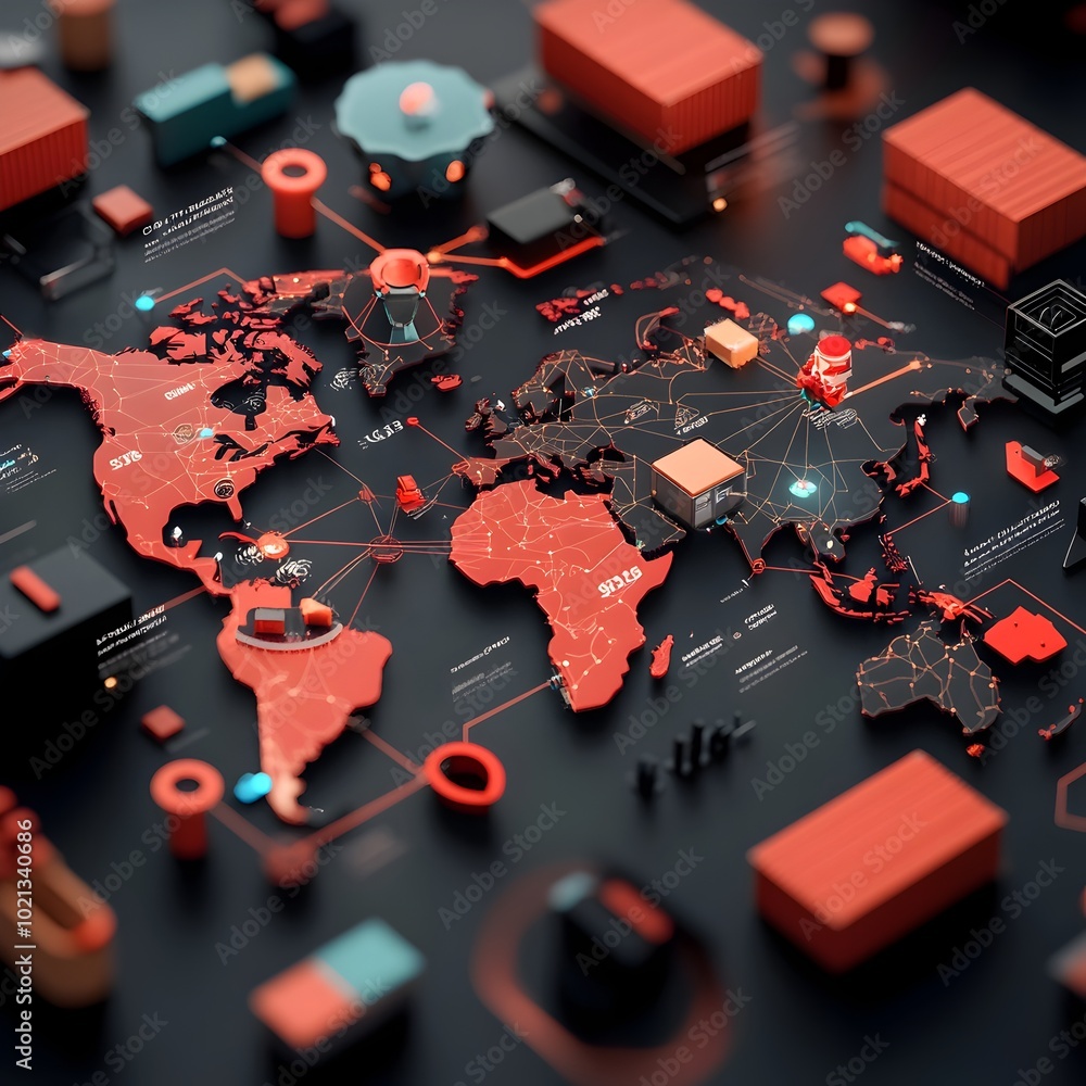 Poster futuristic ai powered logistics system showcased through a dynamic world map charting interconnected