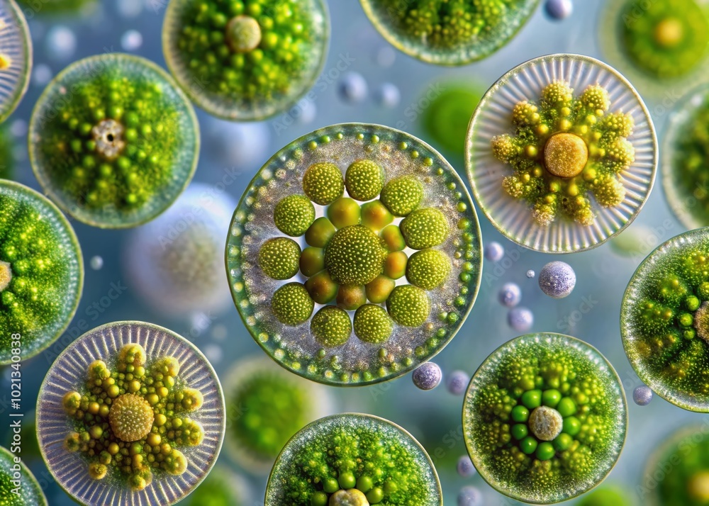 Poster detailed microscopic view of gonium algae showing cellular structure and unique formation patterns